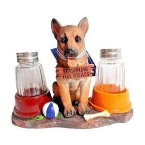 German Shepherd Dog Salt Pepper Shakers Glass Shakers in Treat Bowl Stoneware
